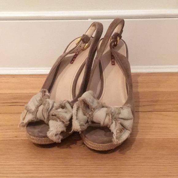 Prada Shoes - Prada Beige Suede Wedges with Canvas Bow